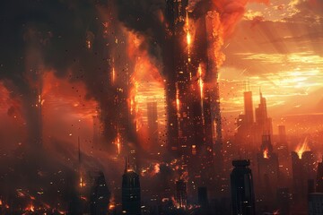 A city skyline overtaken by raging flames and billowing smoke from a massive fire. Generative AI - obrazy, fototapety, plakaty