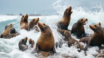 A playful group of sea lions basking on a rocky shore, barking and splashing in the waves - obrazy, fototapety, plakaty