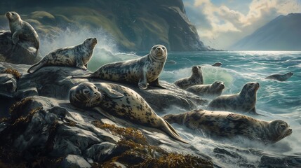 A playful group of seals basking on a rocky shore, enjoying the warmth of the sun