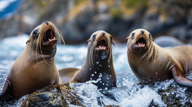 A playful group of sea lions basking on a rocky shore, barking and splashing in the waves