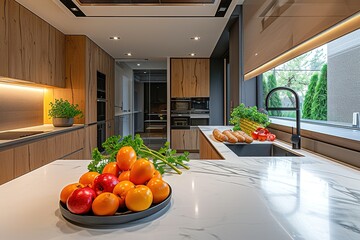 Panoramic studio flat kitchen interior, poster