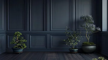 Schilderijen op glas Elegant Interior Design Dark Blue Wall with Exquisite Bonsai Trees and Babys Tears in Sophisticated Harmony © Rudsaphon