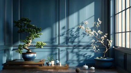 Ingelijste posters Elegant Interior Design Modern Sophistication with Dark Blue Walls and Exquisite Bonsai Trees © Rudsaphon