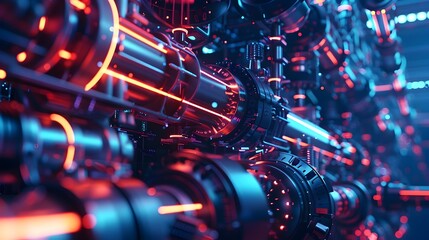 Futuristic Energy Cannons: Vibrant Red and Blue Lights Illuminating Intricate High-Tech Components
