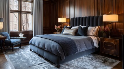 Elegant Bedroom Design with Walnut Paneling and Velvet Bed in Cool Tones