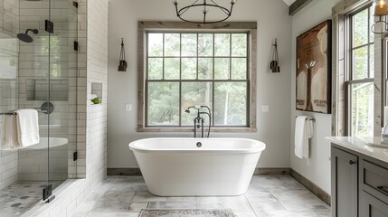Fototapeta na wymiar Elegant Farmhouse Bathroom Luxurious Porcelain Tub and Subway-Tiled Walk-in Shower adorned with Rustic Wrought-Iron Lighting