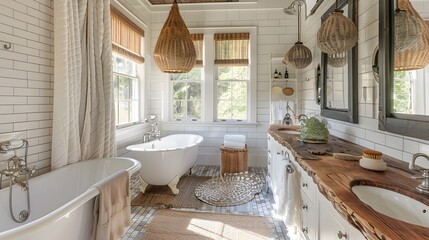 Elegant Farmhouse Bathroom Rustic Luxury with Clawfoot Tub and Industrial Pendants