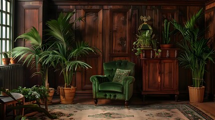 Elegant Forest Green Velvet Armchair in a Luxurious Mahogany-Paneled Retreat Filled with Exotic Plants - obrazy, fototapety, plakaty