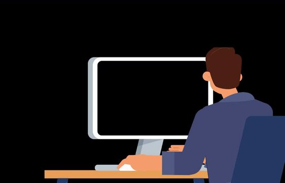 2 illustrated Boy Typing on Keyboard While Sitting at Desk. Young Man Working on Pc Back View with Alpha Transparency.