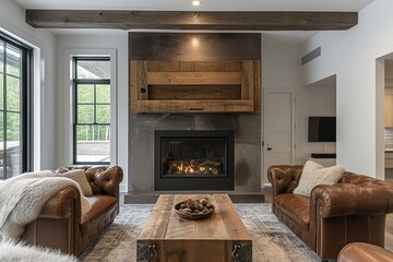 Simple living room in a modern farmhouse with little decoration Brown leather sofa and armchairs with a gas fireplace with a raw edged wooden mantel. - obrazy, fototapety, plakaty