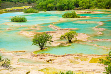 The beautiful scenery of Huanglong Yaochi in rainy season in Sichuan, China