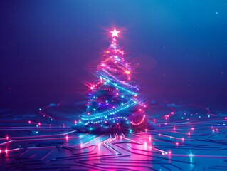 Neon Christmas Tree Design Glowing with Futuristic Flair on Digital Circuit Board