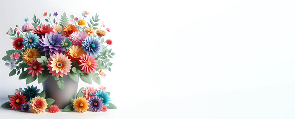 Pot of flowers, paper flowers, isolated on a White background, 3d render, Copy space, Banner