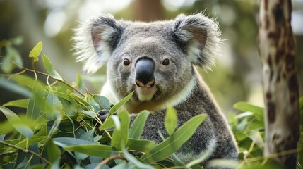 A round-faced koala munching on eucalyptus leaves