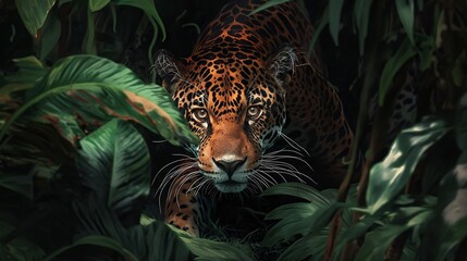 A sleek jaguar prowling through dense jungle undergrowth, eyes gleaming with hunger - obrazy, fototapety, plakaty