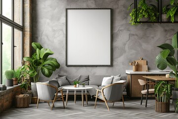 The interior of a studio apartment features a square table with gray armchairs and a sofa with cushions in the kitchen corner. Vertical poster frame mockup on the wall.
