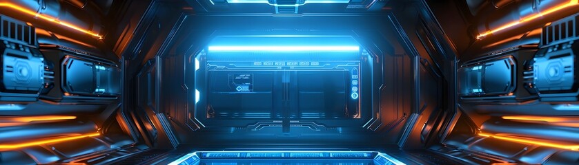 Futuristic Spaceship Corridor Illuminated by Blue and Orange Lights with Intricate Door Design