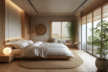 Trendy minimalistic japandi modern interior bedroom in beige tones.