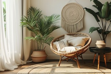 The living room has a modern and sleek design with a rattan armchair, a black coffee table, a tropical plant in a basket, a beige macrame hanging on the wall, and classy decorative items. The wall is - obrazy, fototapety, plakaty