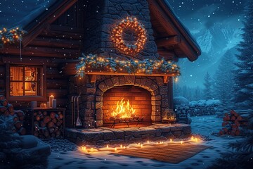 Warm and cozy fireplace in winter log cabin, christmas time, illustration.