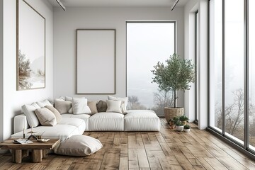 White minimalist living room interior with sofa on a wooden floor, decor on a large wall, white landscape in window. Home Nordic interior | Scandinavian interior poster mock up.