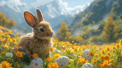 Sweet Easter Bunny Amidst Daisies and Eggs