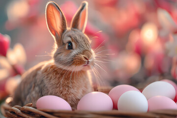 Fototapeta na wymiar Spring Spectacle: Cute Brown Bunny Amidst Pink Easter Treasures
