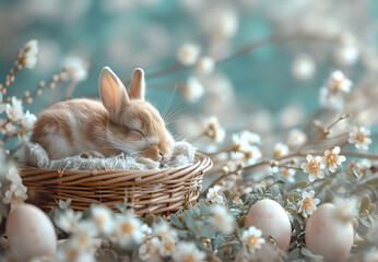 Easter Bunny Snoozing in Basket Surrounded by Colorful Eggs in a Flowery Fields. 