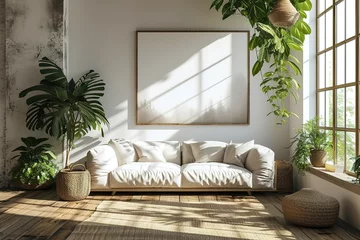 Foto op Aluminium White minimalist living room interior with sofa on a wooden floor, decor on a large wall, white landscape in window. Home Nordic interior   Scandinavian interior poster mock up. © Azar
