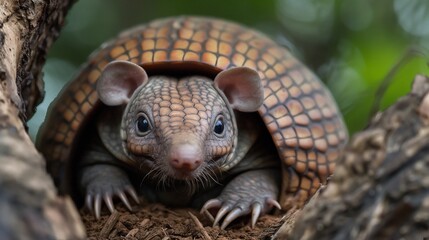 A smiling baby armadillo peeking out from its shell