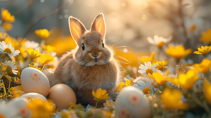 Brown Bunny Nestled with Colorful Easter Eggs