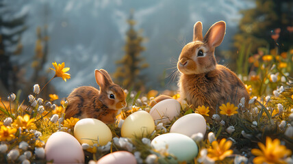 Playful Bunnies Discovering Easter Eggs