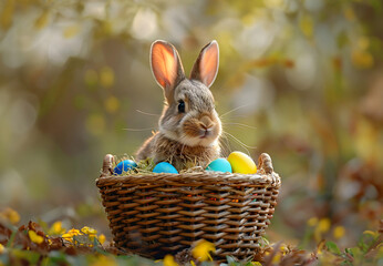 Cute Bunny in a Basket with Festive Easter Eggs 