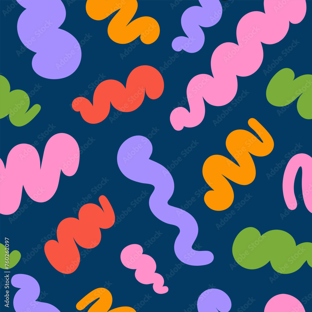 Aufkleber Abstract seamless pattern with colorful wavy retro groovy shapes on a blue background. Vector illustration in style 90s, 00s	