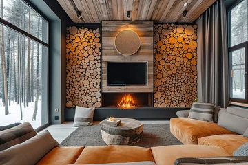 Fotobehang Wooden log decorative panel in room with fireplace and firewood. Interior design of modern scandinavian living room. © Azar