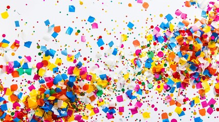 Fototapeta premium Carnival or party background with colorful confetti on white background. Flat lay, top view