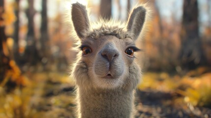 A smiling baby llama with a fuzzy coat and gentle eyes