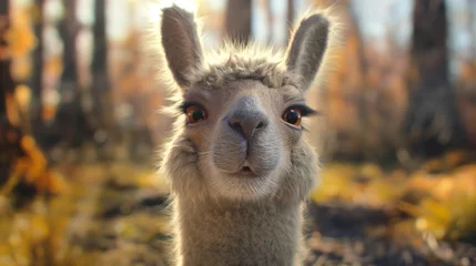 Wandcirkels tuinposter A smiling baby llama with a fuzzy coat and gentle eyes © Image Studio
