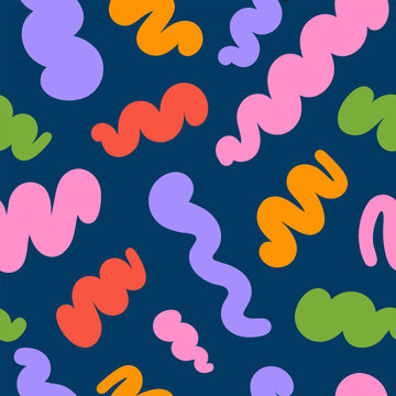 Abstract seamless pattern with colorful wavy retro groovy shapes on a blue background. Vector illustration in style 90s, 00s	