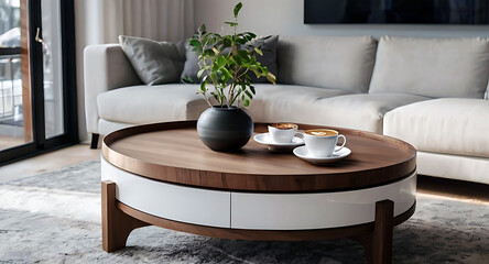 Round coffee table against white sofa | Home interior design of modern living room.