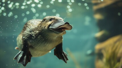 A smiling baby platypus swimming gracefully in water