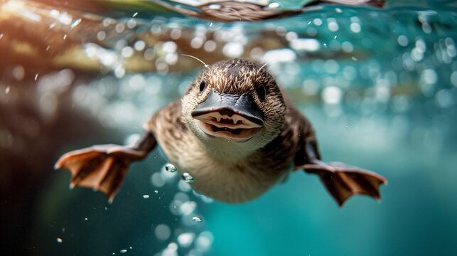 A smiling baby platypus swimming gracefully in water