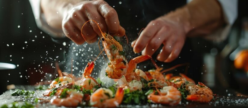 Professional chef is cooking shrimp with vegetables on a dark background. generative AI image