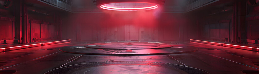 Levitating Figure on Advanced Sci-Fi Platform Illuminated by Red Lighting in Futuristic Hangar