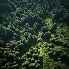 Naklejka na ściany i meble Aerial View Of Dense Forest Canopy With Lush Green Trees: Breathtaking Scenery, Lush Foliage, Dense Canopy, Aerial Perspective, Vibrant Greenery