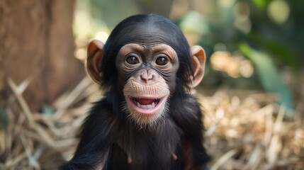 A sweet baby chimpanzee with a mischievous grin