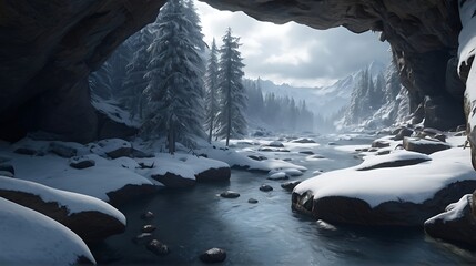 Snowy Alpine River Amidst Winter Mountain Landscape
