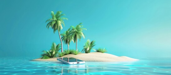 3d rendering, Summer beach on smartphone with blue background, copy space. generative AI image