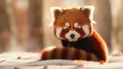 A sweet baby red panda with a fluffy tail curled around it