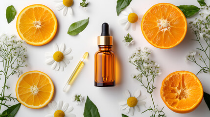 Beauty concept of Vitamin C serum in cosmetic bottle with dropper and slices of orange fruit.  genertive ai